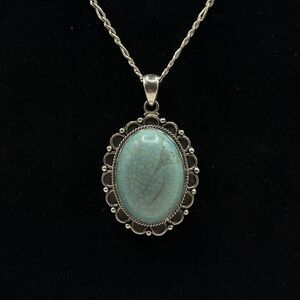 925 Sterling Silver Large Turquoise Pendant Necklace 24” Figaro